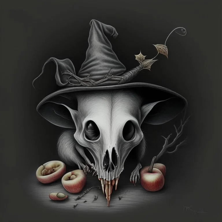 Realistic drawing of a Rat Skull with a Witch hat, Skull has ghost eyes and is eating from a poison apple.