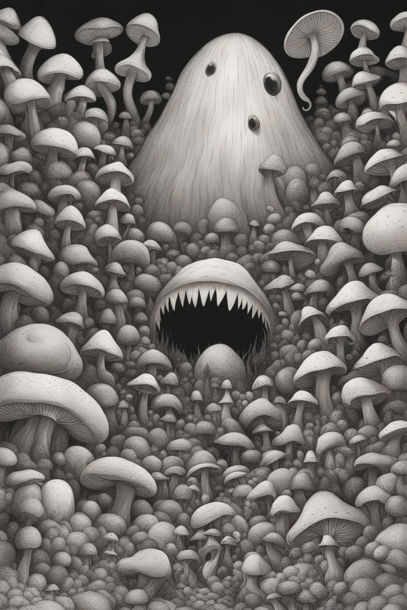 Looking into a black hole, hundreds of huge mushroom-shaped creatures with massive mouths, faceted eyes and tentacles.