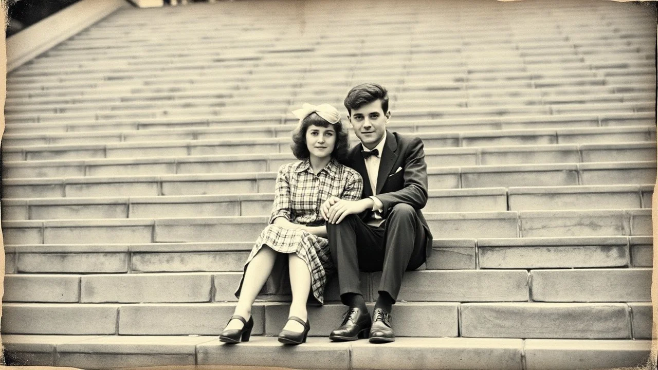 retro monochrome photo of a young hungarian couple in 60s style outfit sitting on the stone stairs in Budapest , full body, the photo is old, stained and scratched in some places, one corner of the photo is missing, the girl's and the boy's faces not clearly visible, blured, behind them are many stairs, summer, moody photo