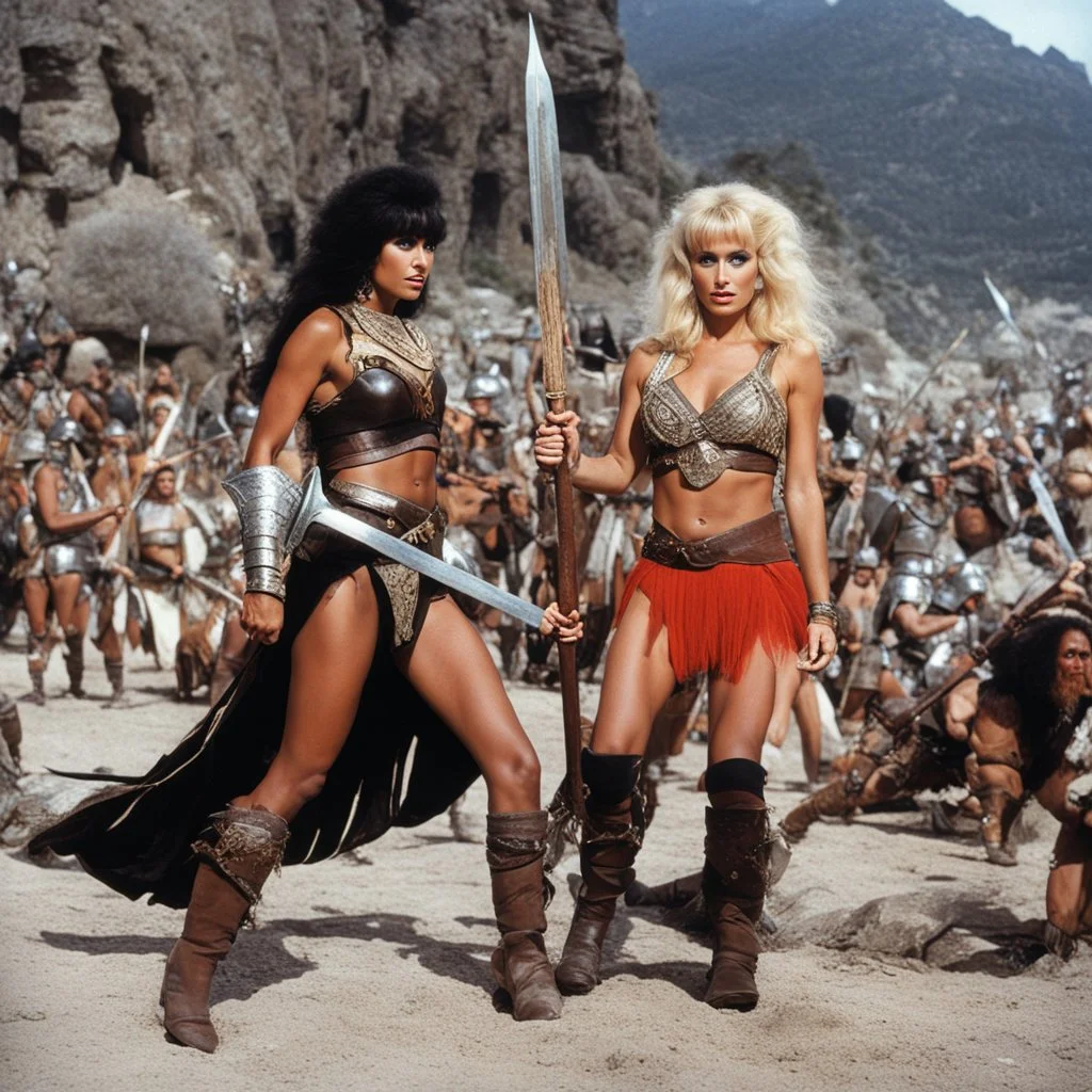 [Jameela Jamil (Tahani Al-Jamil) and Kristen Bell] as barbarian warriors with boots and her battle axe [Jason and the Argonauts (1963)]