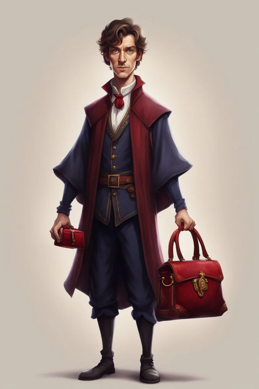 A 28 years male sorcerer, with short brown hair, dressed as a magistrate of the law, carrying a little red velvet satchel in both hands