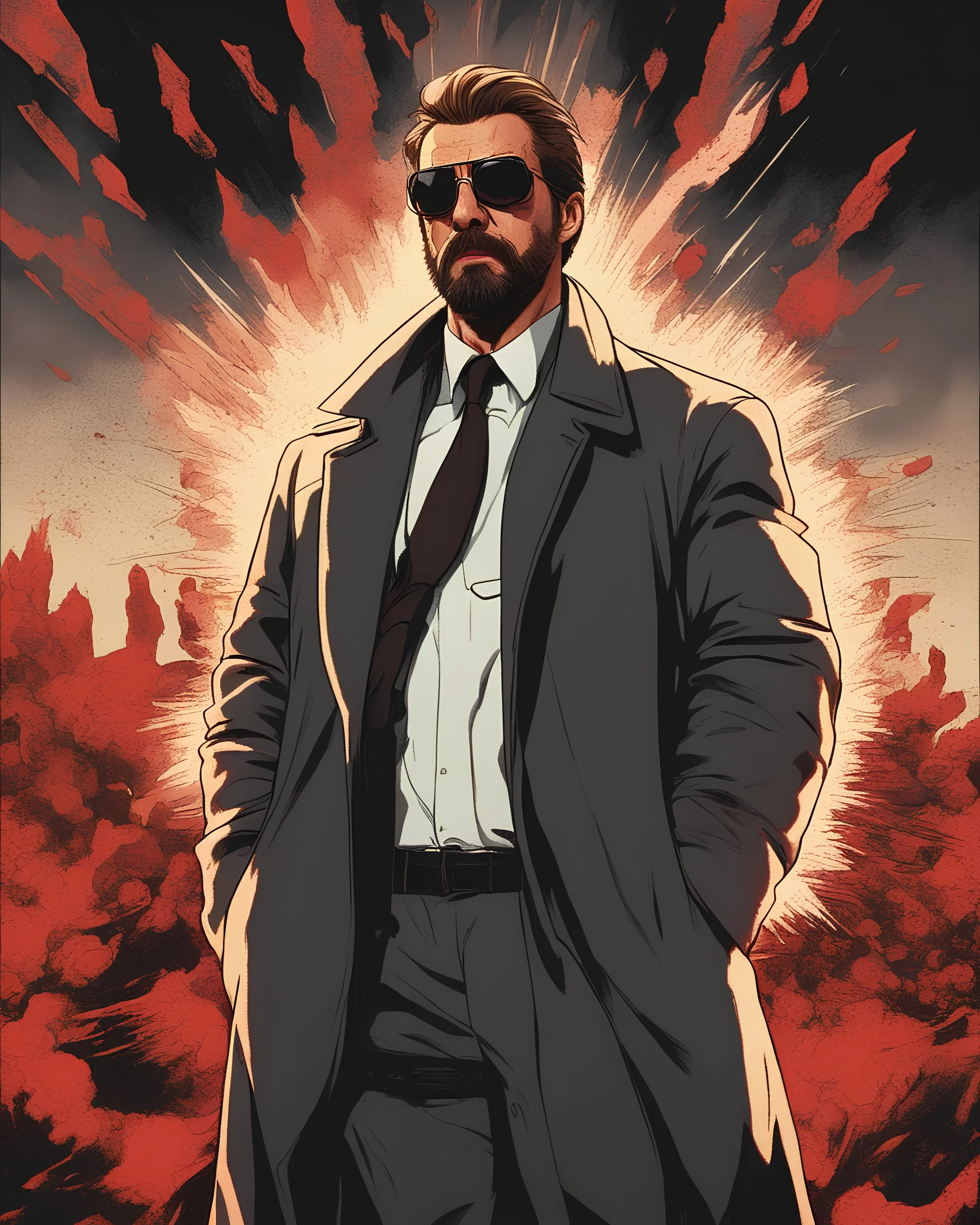 a young man with big muscles who looks like hans gruber wearing a heavy coat and red sunglasses staring with an irritated look on his face standing in front of a large explosion