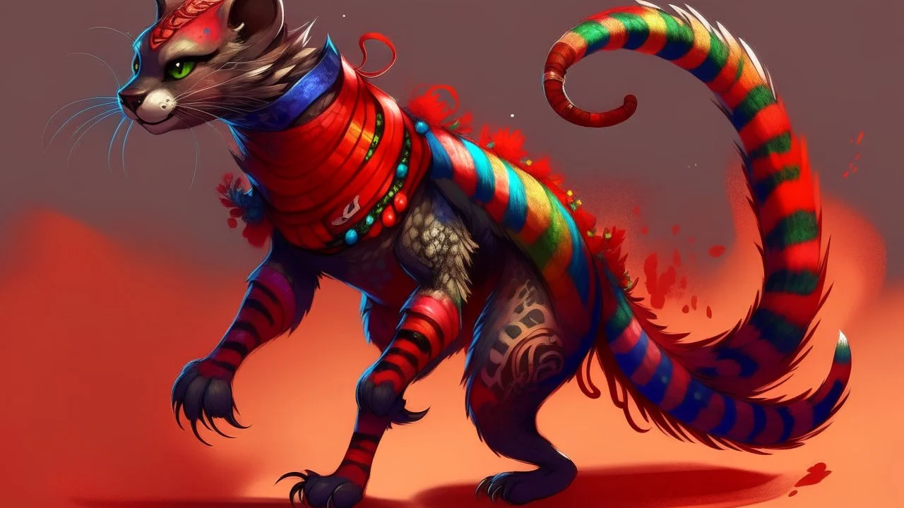 A noodly creature with 0 legs, and has a hunchback and split tail and is rainbowy, African Palm Civet-like colors, galaxy-splattered, red in color. It is wearing silks, clothes, a ribbon, armor.