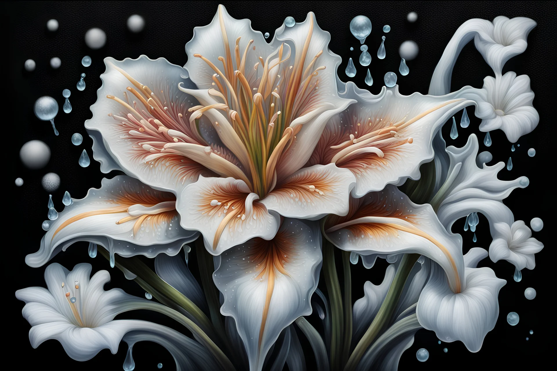 Flower painting on black background, dripping ice, airbrush painting by Earnst Haeckel, trend of zbrush Central, cloisonné, high detail, detail painting, biomorphology, lily in the snow 8k