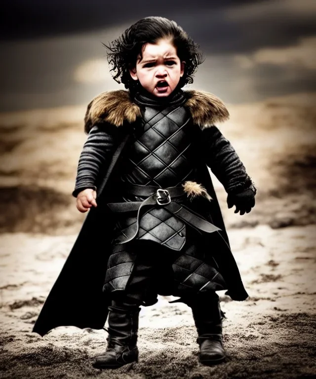 Jon snow toddler, full body, angry, dragon, dramatic lighting, hyper realistic