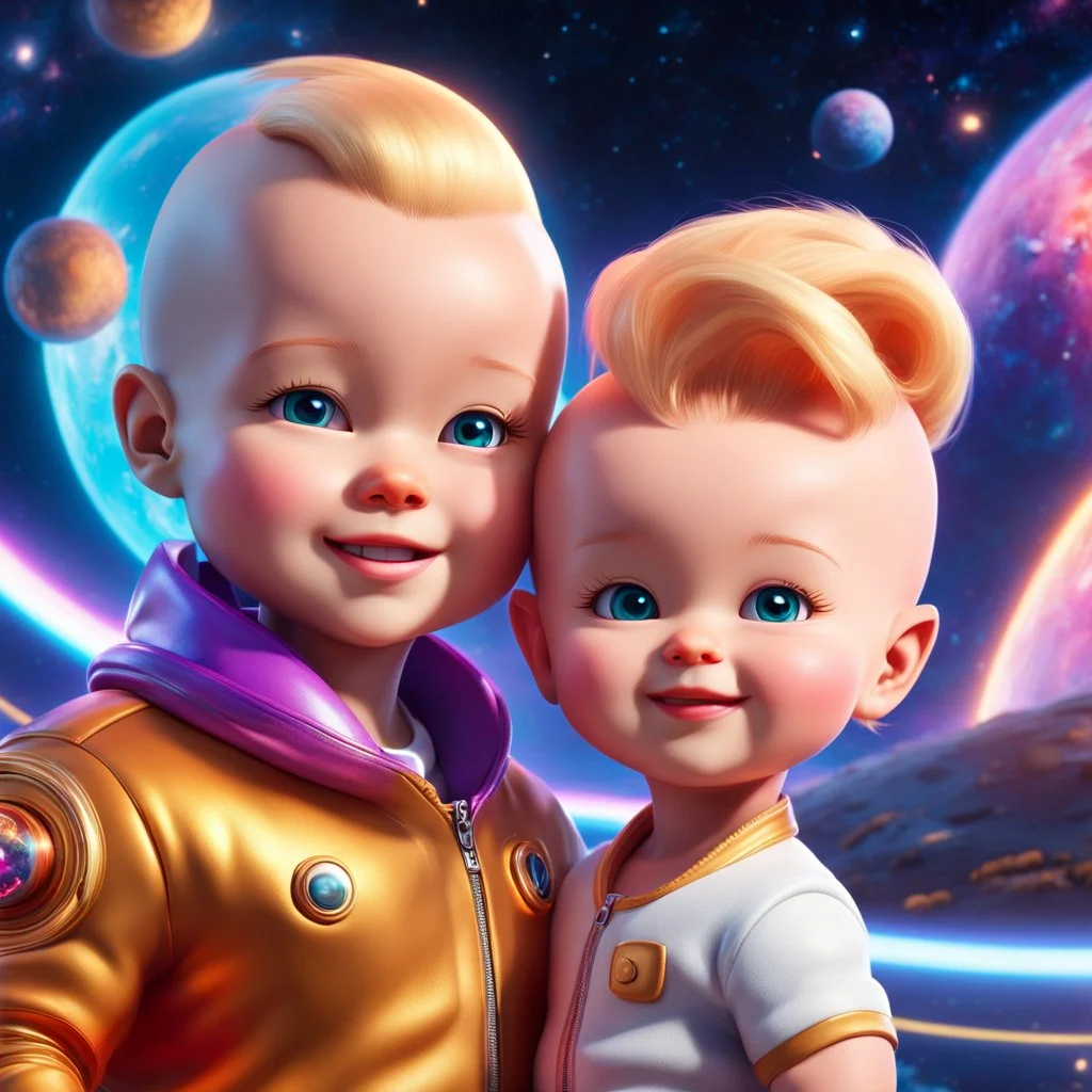 (masterpiece, best quality, 8k, RAW photo, beautiful and aesthetic:1.2), complex detail, Indirect light, photorealistic, (((full body))), 2 Cosmic Boss Baby style, bald boy and girl smiling, long curved blonde hair , with a ginger cat companion, colorfull Sci-Fi environment