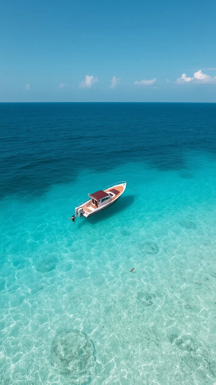 A boat on it a man and a women lost in the ocean top view