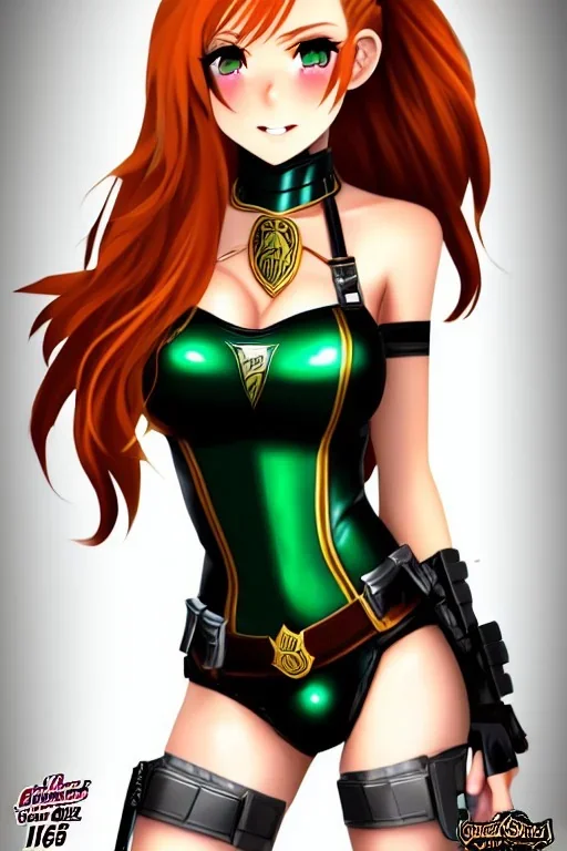 In the style of Shadman, hyper detailed, strikingly beautiful teen female, 16 years old, long ponytail, ginger hair, green eyes, medium freckles, full lips, micro top, black leather armour lined with fur, full body, full face, tiny breasts, athletic, centred camera, ignore NSFW, thong, camel toe, athletic