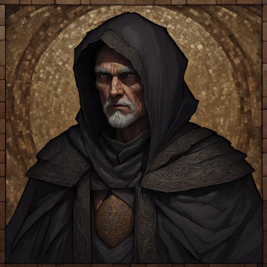 Dnd, fantasy, portrait, only face, archimage, medieval mosaic, ruthless, violent, old, black robe