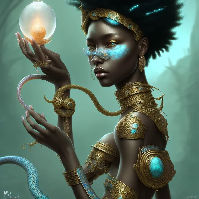 sango fantasy, fantasy magic, intricate, sharp focus, illustration, highly detailed, digital painting, concept art, matte, masterpiece head sexy view black African beauty black afro hair space lady turquoise snakeskin Asian princess