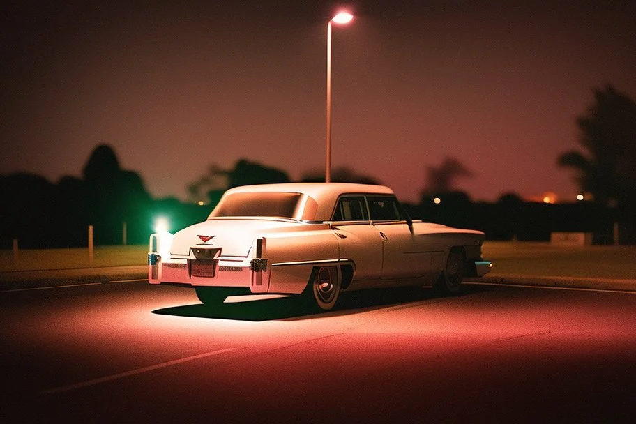 Coche Cadilac americano en mitad de la noche tan sólo iluminado por una farola y los faros del coche, imagen al estilo del fotógrafo Hugo Alonso