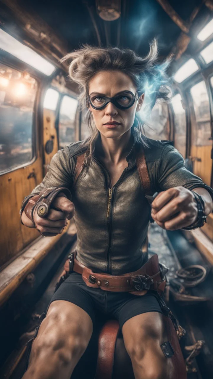 fisheye lense, hypnotic portrait of a yoga instructor with gauntlets on a horseback,flashy magazine cover, fallout 4 docks setting, horror weird cowboy wizard cyberpunk weasel in female garments on top of train ,holding dynamite, getting hit by lightening electric arc, with big disturbed eyes,bokeh like f/0.8, tilt-shift lens 8k, high detail, smooth render, down-light, unreal engine, prize winning