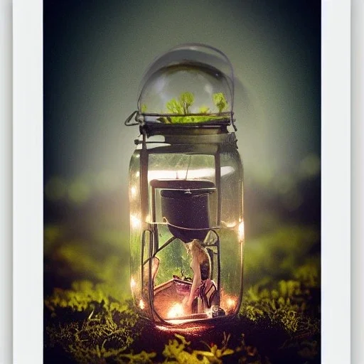 glowing Garden Pixies and Fairies in a lantern, many fairy lights inside a belljar, ghostly lights, polaroid, symmetry, bioluminescence, luminescent glow, moody, tender, photorealistic, octane render, golden hour,MTG,digital painting,by Anna Dittmann