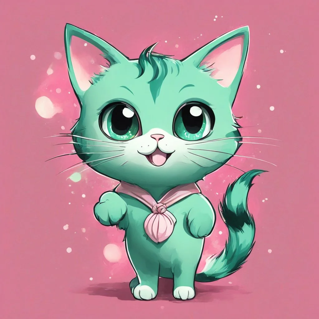 A captivating and playful digital art piece showcasing the adorable charm of a mint-colored cartoon cat, surrounded by a lively pink background, (captivating digital art:1.4), (playful cartoon cat:1.5), (lively pink background:1.3), (expressive mint hues:1.2), drawing inspiration from the styles of cute and playful illustrators, trending on CGSociety, Intricate, Sharp focus, dynamic lighting, (captivating:1.4), (playful ambiance:1.5), (lush fur details:1.3), Cartoon, Masterful, High Detail