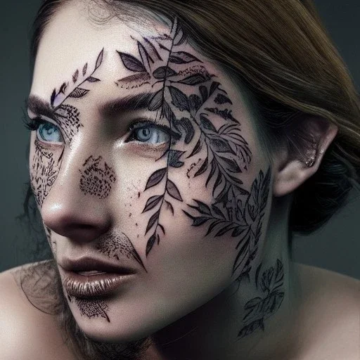 "full face tattoo of leaves and gnarled branches extending past face and morphing into reality, 8k resolution, high-quality, fine-detail, muted colors,intricate, digital art, detailed matte, volumetric lighting, illustration, octane render