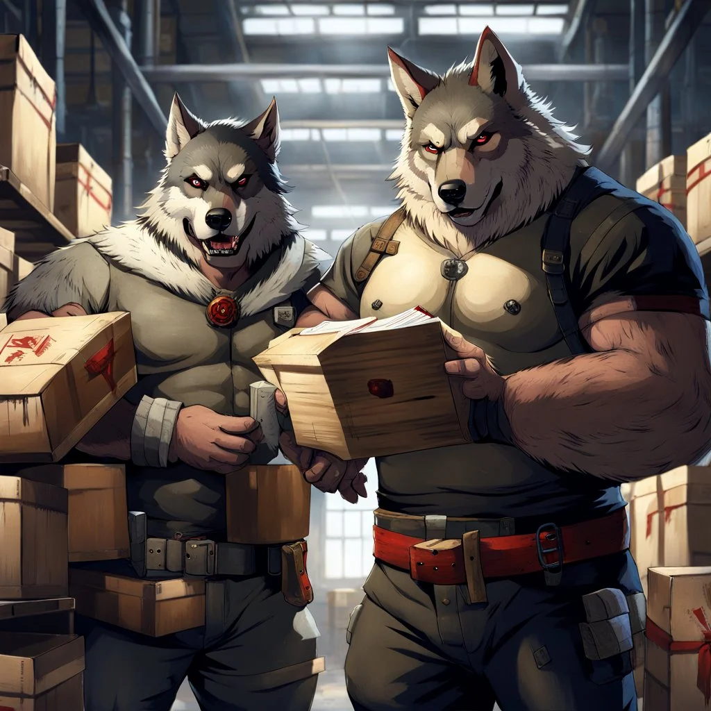 a chubby anthropomorphic wolf-man wearing t-shirt pants and red belt around his waist looking at several item lists in his paws in a large warehouse, around some boxes and wooden crate, an another anthropomorphic wolf-man just half visible in the doorway as he looks at him, detailed, realistic, sci-fi, anthro mood, fantasy