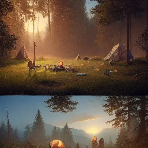 highly detailed campsite on lakeside, illustration, cinematic lighting, 4k, 8k, octane render, digital concept art, greg rutkowski, trending on artstation, pinterest, extremely detailed, ambient lighting.