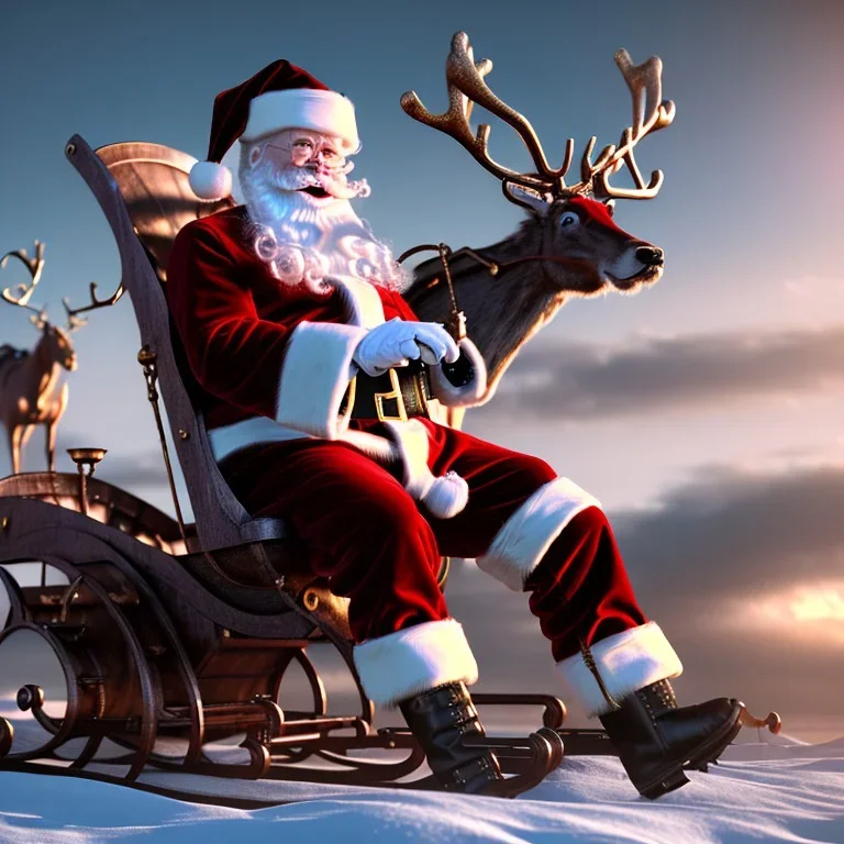 santa sitting in a steampunk sleigh pulled by 8 reindeer, 4k, highly detailed, cinematic, ultra photorealistic, ultra realistic, volumetric lighting