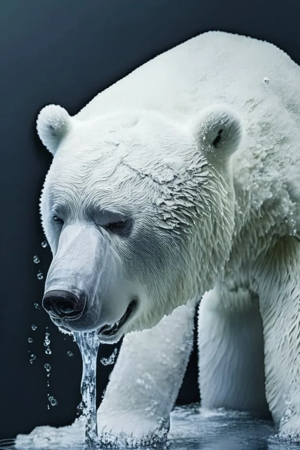 polar bear melting into white liquid, hyper-realistic photography, detailed expression of agony, hyper-realistic fur and anatomy details, dark colour tone, epic colour treatment, cinematic colour treatment, meticulously intricate perfectly symmetrical extremely detailed, pixiv daily ranking, pixiv, extreme depth of field, artstation, sculpture style, spectacular details, volumetric lighting, masterpiece, cinematic, Hollywood production, 8k resolution, high definition, max o