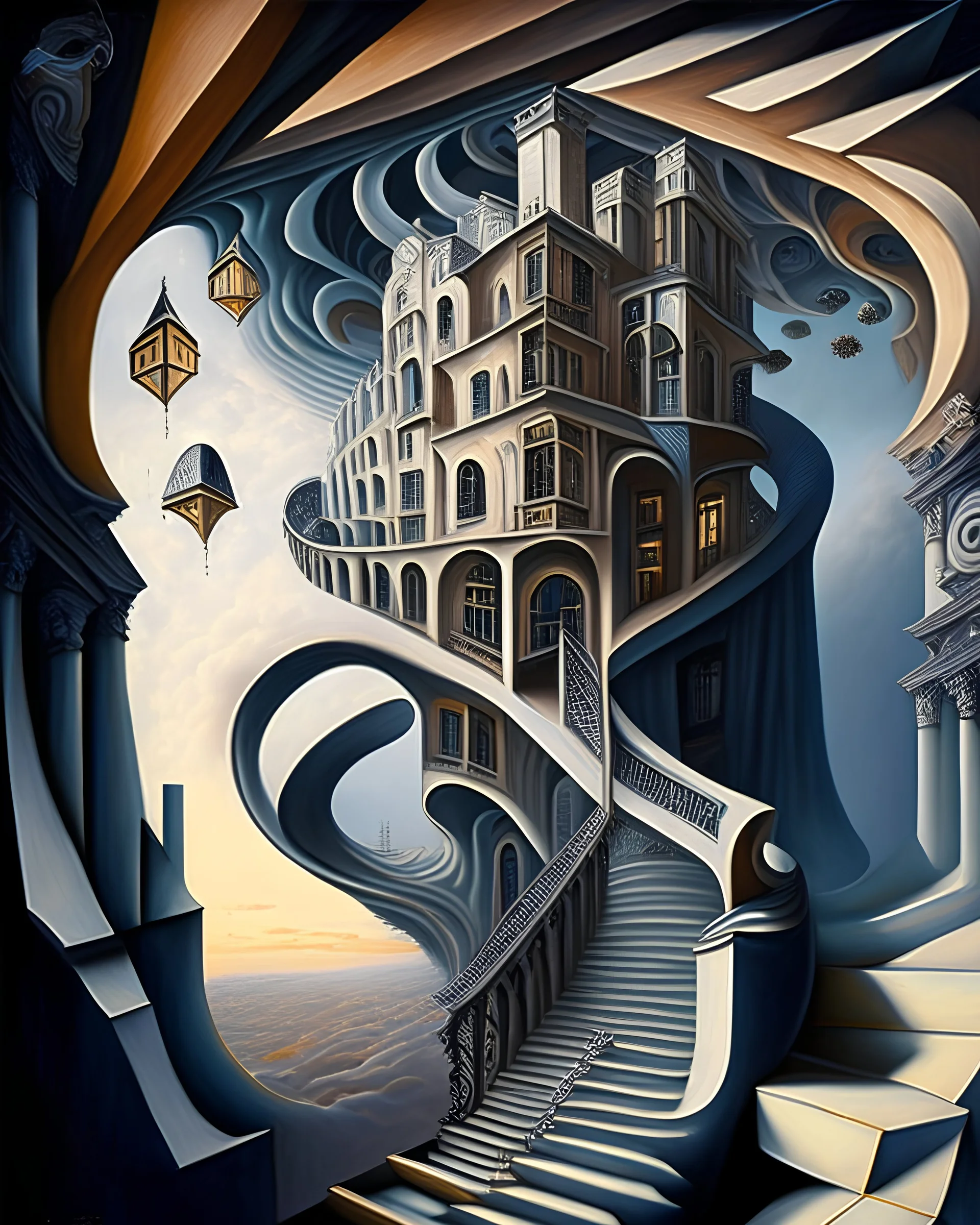 A captivating, surrealist painting of a gravity-defying, Escher-inspired building with multiple perspectives, impossible staircases, and fantastical elements that defy the laws of physics, set within a dream-like landscape.