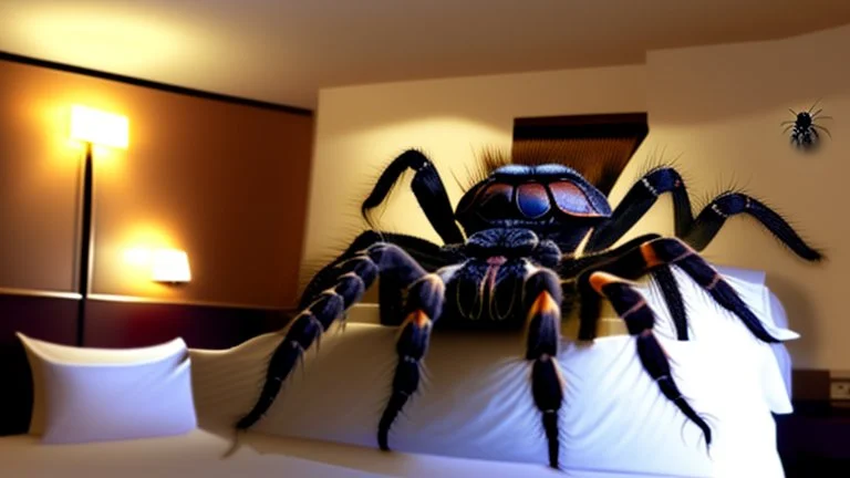 2 people runing in hotel room because of escaped tarantula