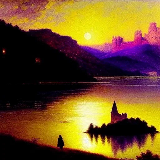 Drawing of 'Medieval Romanian Castle',mountain,lake,full moon, by gaston bussiere, greg rutkowski, yoji shinkawa, yoshitaka amano, tsutomu nihei, donato giancola, tim hildebrandt, oil on canvas, cinematic composition, extreme detail,fit full head inside picture,16k