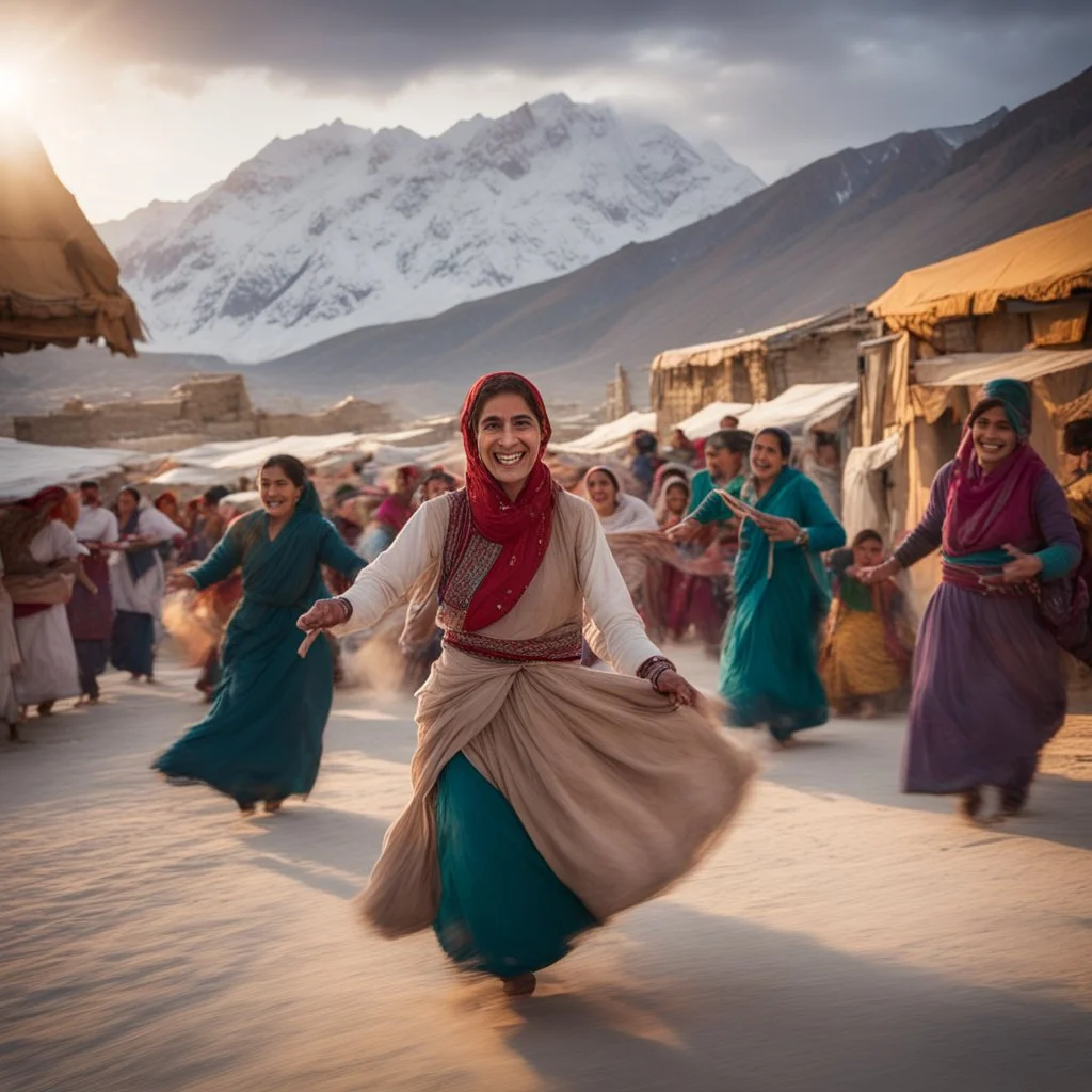 Pakistani Pukhtoon Women smiling & dancing at cloudy-sunset & snowy mountains with a typical crowded village market