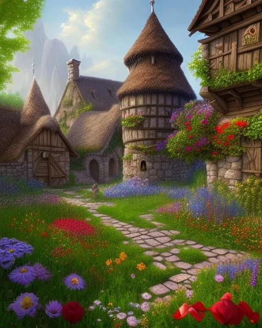 medieval fantasy village with flowers rpg art