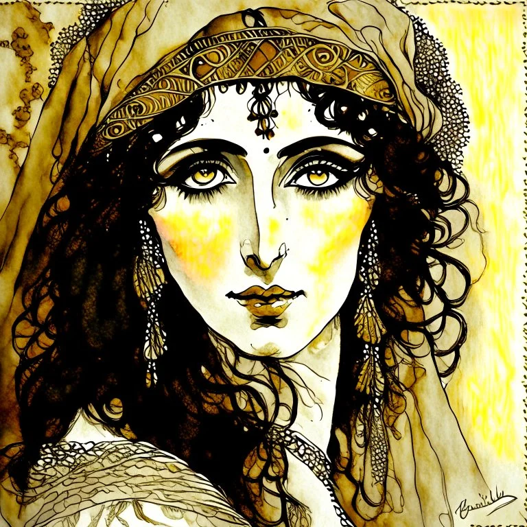 Beautiful woman gypsy shaman with big brown eyes, Subdued lighting. Muted color palette. Modifiers: elegant intricate very attractive beautiful award winning fantastic view hyperrealistic ultra detailed high definition matte background watercolor Arthur Rackham Gustav Klimt pen and ink Johannes Vermeer Aubrey Beardsley