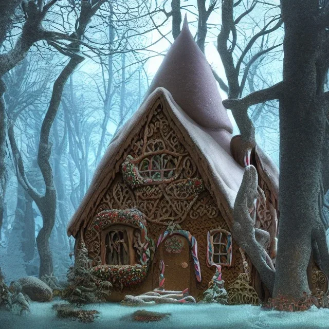 a witch house in the woods made of gingerbread, cerulean frosting, and pastel candies, 8k, flickering light, centered, high-quality, fine-detail, digital art, detailed matte, volumetric lighting, illustration, 3D octane render, brian froud, howard lyon, ben goossens, George Grie, alphonse mucha