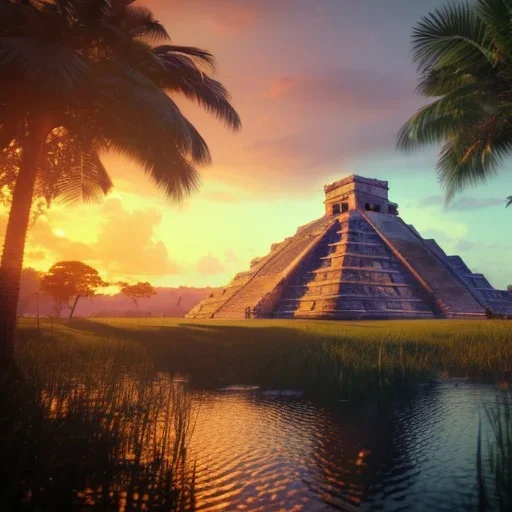 Chichen Itza, sunset, rainbow sunset, waterfall, palms, twigs, spring, sunset rainbow, bridge birds, unreal engine 5, cinematic lighting, realistic, hyper detailed, 8k, octane render