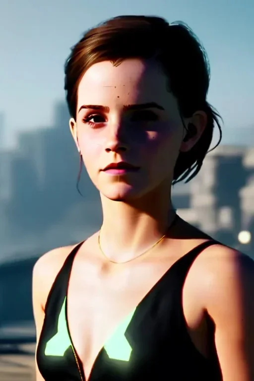 Emma Watson, full-length, in a swimsuit, cyberpunk 2077, photorealistic illustration, 1k