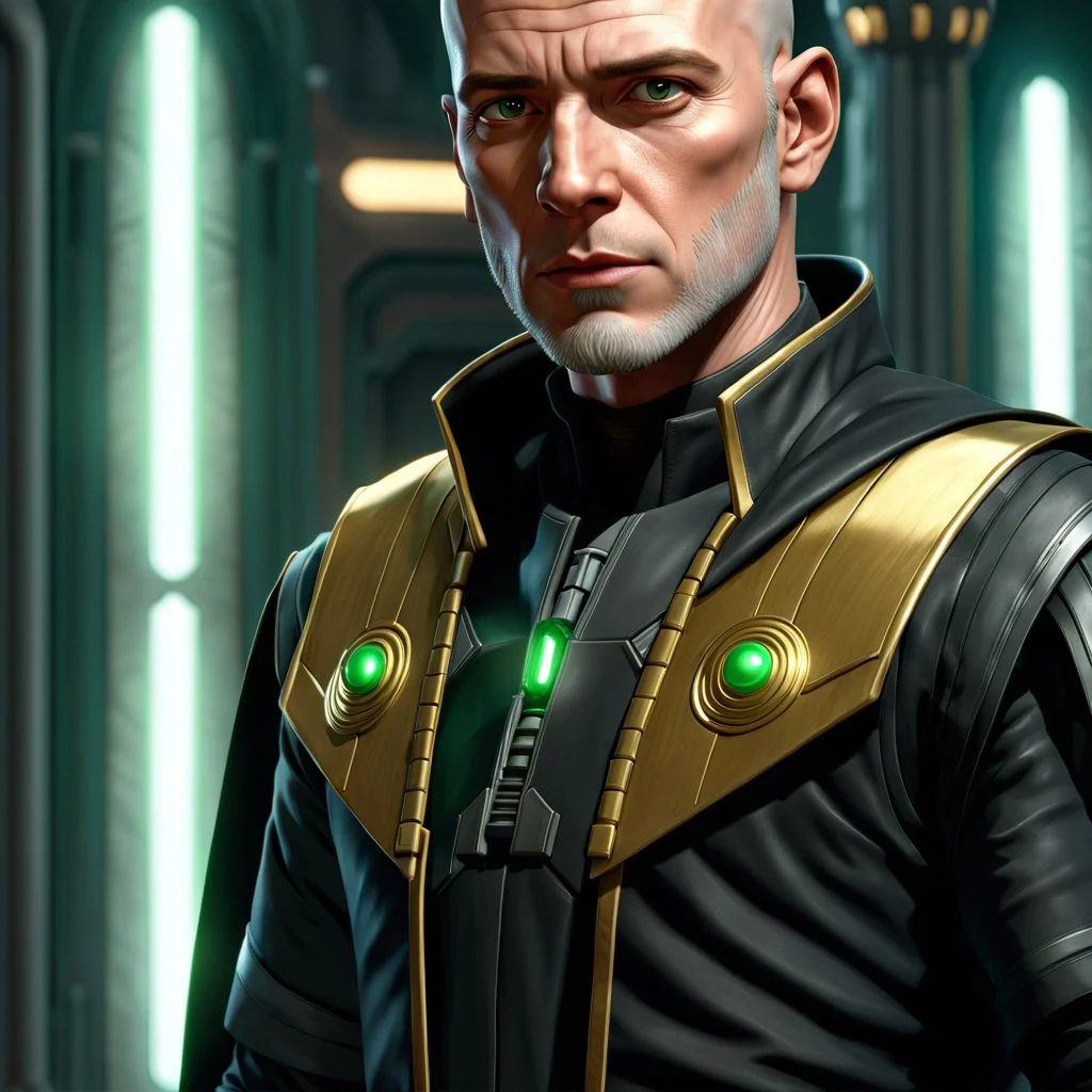 star wars bald male corellian jedi pilot wearing black and gunmetal grey old republic armored robes with gold trim inside the jedi temple holding a lightsaber with viridian green blade in left hand, centered head and shoulders portrait, hyperdetailed, dynamic lighting, hyperdetailed background, 8k resolution, volumetric lighting, light skin, fully symmetric details