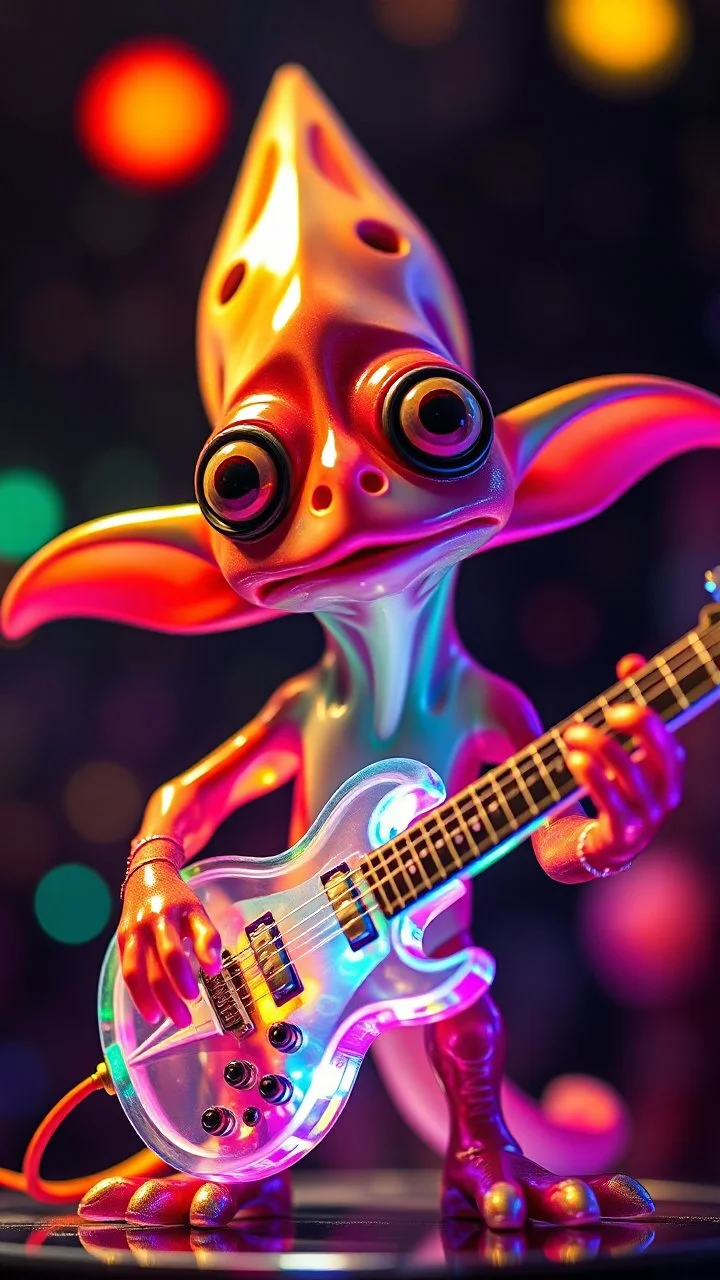 a fussy psychedelic charming muppet show squid gremlin rock star with space laser transparent prismatic guitar in the style of Escher, bokeh like f/0.8, tilt-shift lens 8k, high detail, smooth render, down-light, unreal engine, prize winning