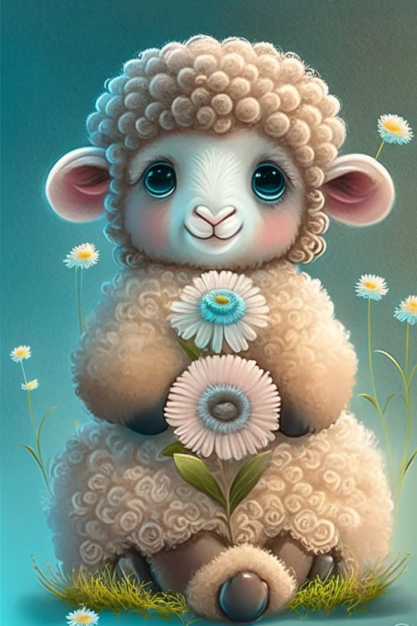 dorable cute happy baby scottish highland sheep with dreamy eyes, sitting down and holding a flower, nursery art, very rendered polished Perfect, smooth edges, flawless Facial Features, Stunning, Whimsical Fantasy, Cute, Highly Detailed, Well Rendered, cartoon, illustration