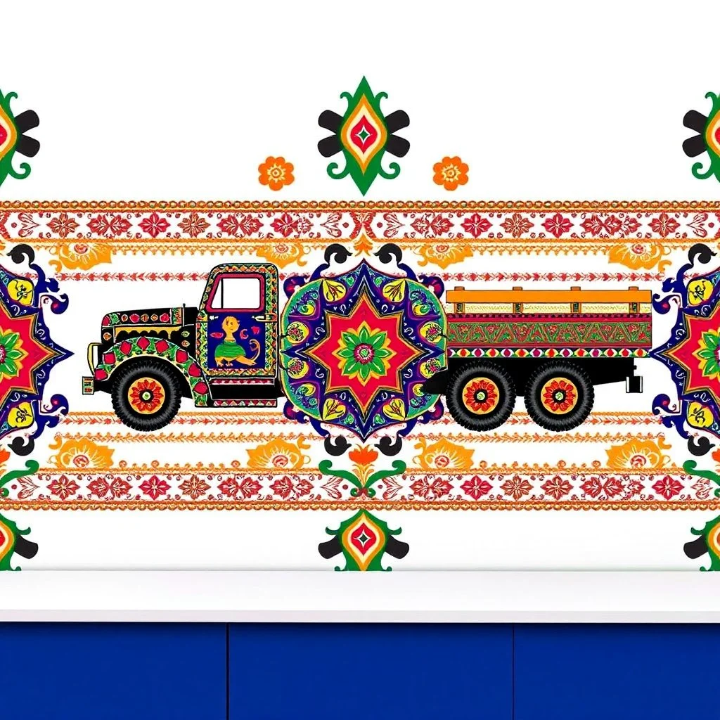 Symmetrical Looking Colorful Pakistani Truck Art Pattern With Traditional Look Background On Wall.