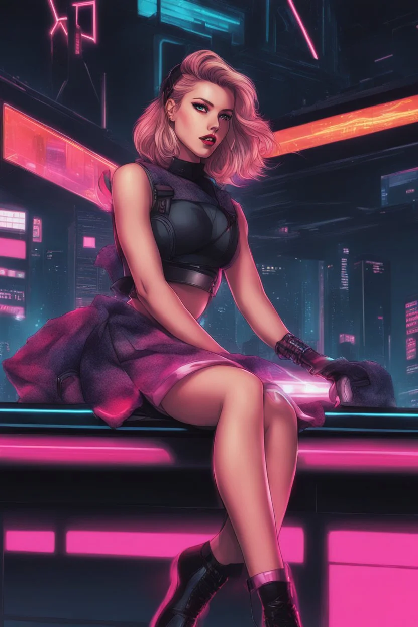 retrowave anime cyberpunk girl, scarlett johanson, furr skirt