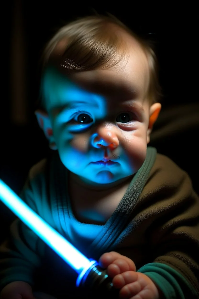 Portrait of a baby playing with a lightsaber.