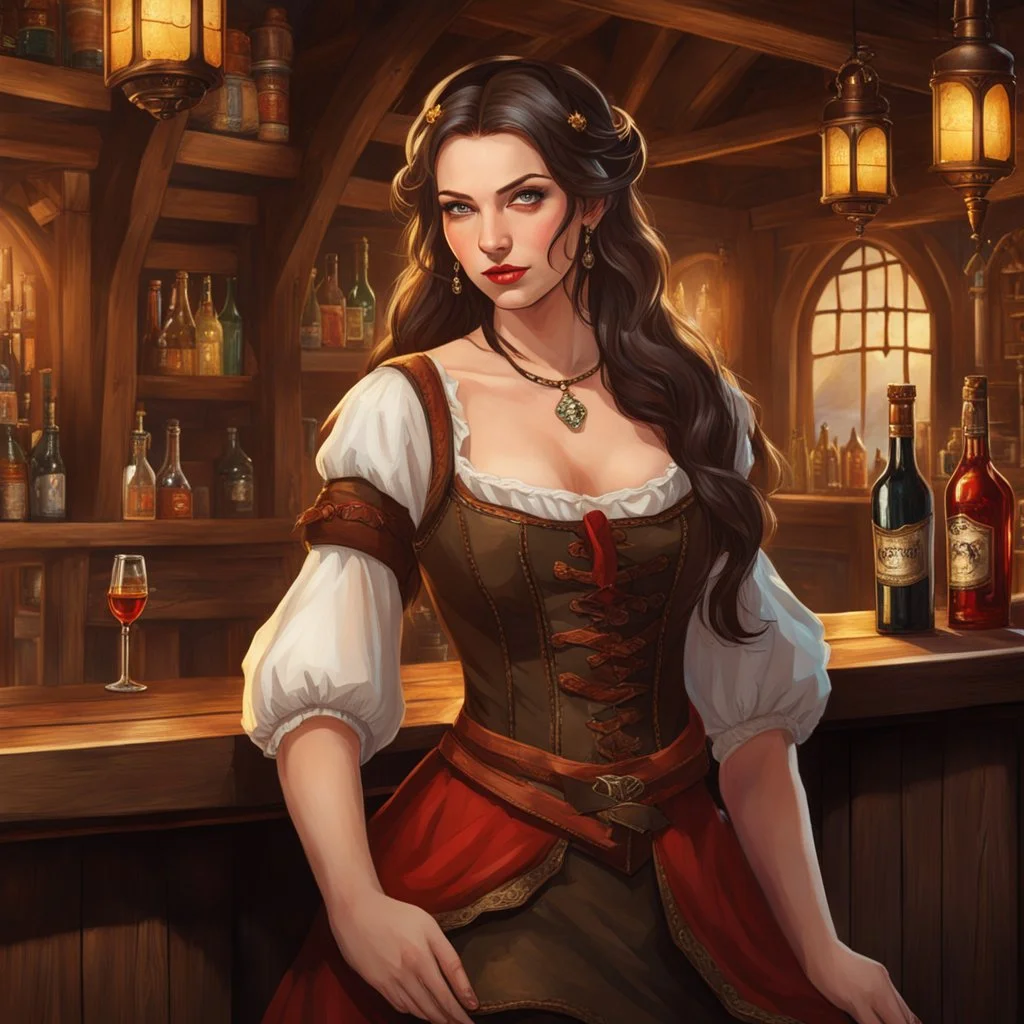 A looking young woman with pale skin and long brown hair in a fantasy tavern setting with intricate details. She is smirking, a tavern wench bartending, has intense red eyes, intimidating presence. High definition.