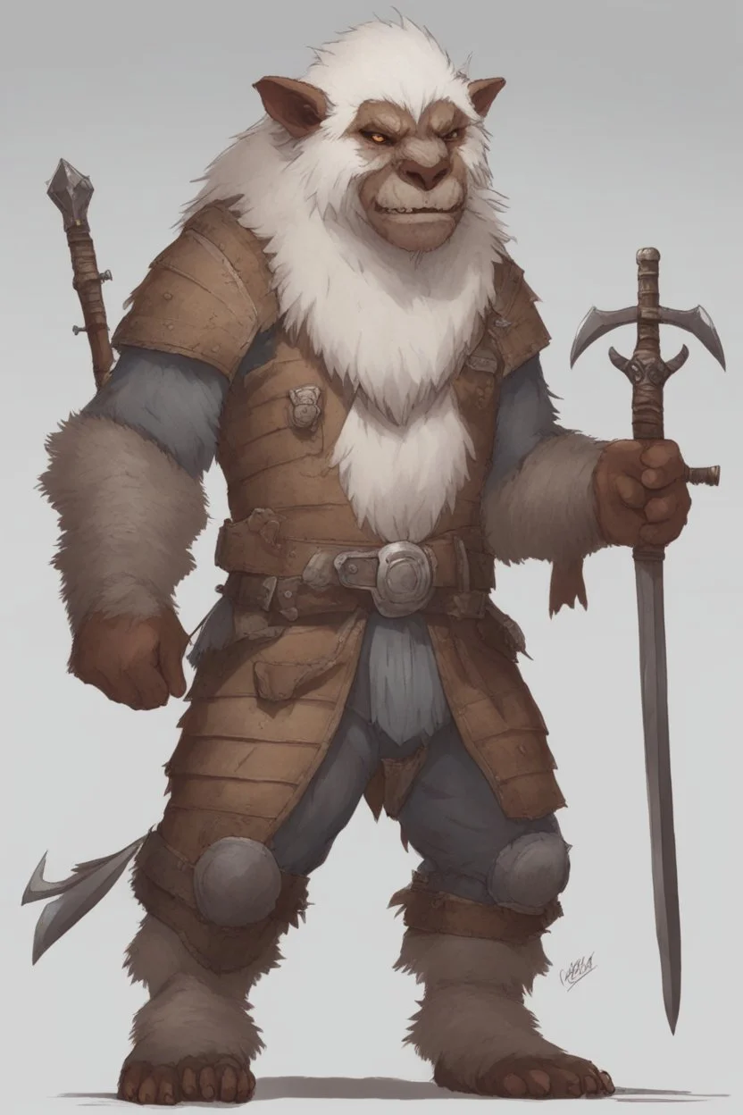 Dnd a young bugbear with WHITE fur and leather armor with swords