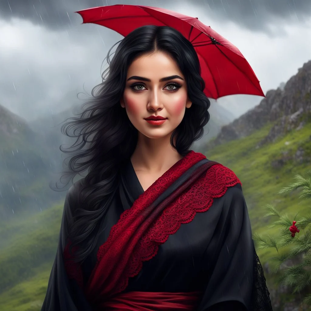 Hyper Realistic Close-Face-View-Of Beautiful Young Happy Pashto Woman With Beautiful-Black-Mascara-Eyes-&-Black-Hair Wearing Black-Frock & Black-Shawl-With-Maroon-Lace Carrying An Red Umbrella On Mountain-Top With Greenery & Breathtaking Cloudy-Rainy-Weather Showing Dramatic & Cinematic Ambiance.