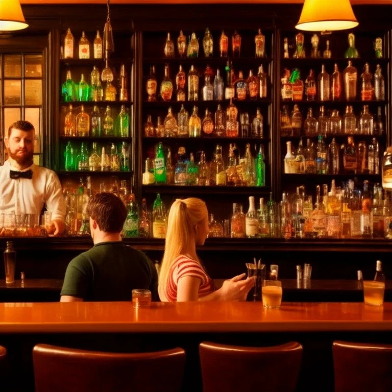 Foto realista de bar irlandés con camarera detrás de la barra y un hombre sentado. Estilo retro futurista.