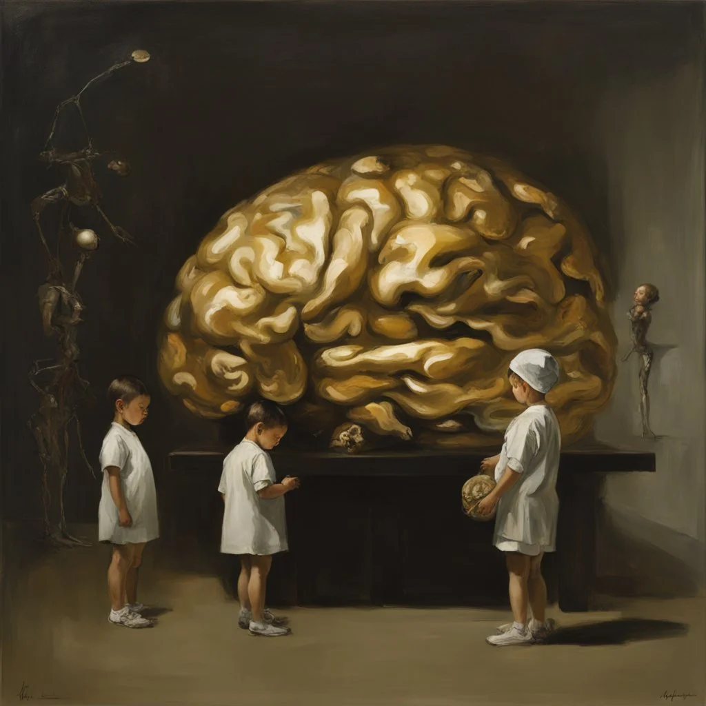 a huge golden brain supported by very small beautiful Asian female human bodies, complex surgical instruments mix a newborn boy between light and shadow, surrealism, symbolism, minimalism, sculpture by Adrian Ghenie, Lucian Freud, Rene Magritte, Salvador Dali