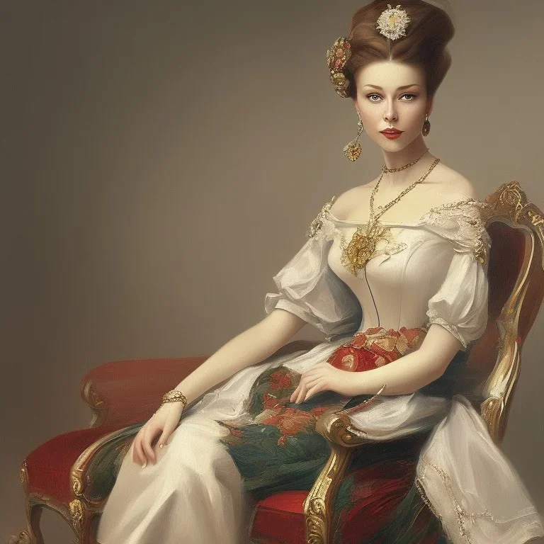 painting of an elegant lady sitting on a chair, smoking