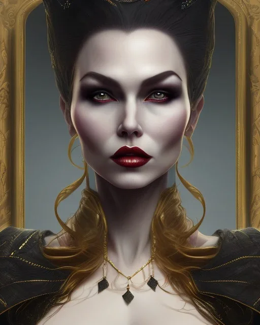 old evil queen in black leather gown, femme fatale, volouptous, busty, cleavage, angry, emperious, 8k resolution concept art portrait by Greg Rutkowski,