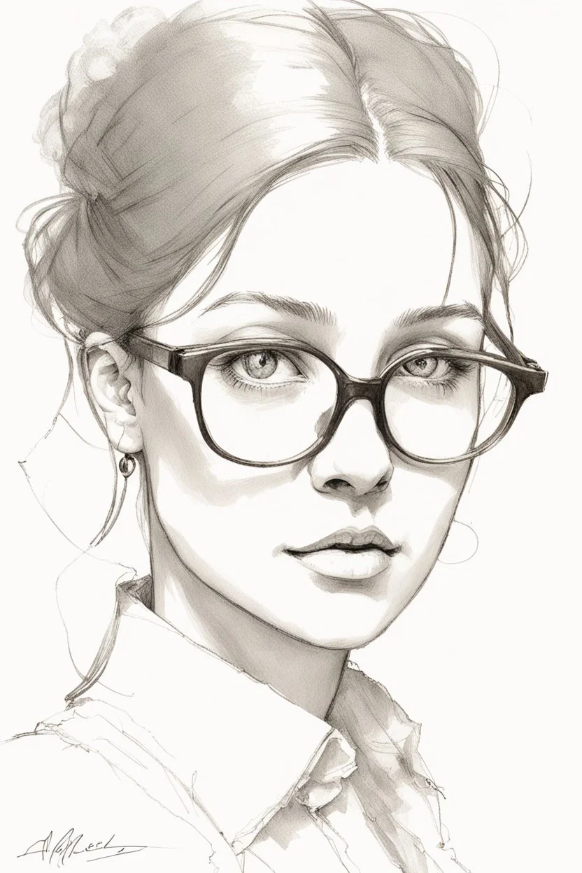 A Female Time Traveler In Victorian London, A quick pencil sketch of a portrait of a 20 years old woman with geeky prescription glasses; by Alex Maleev