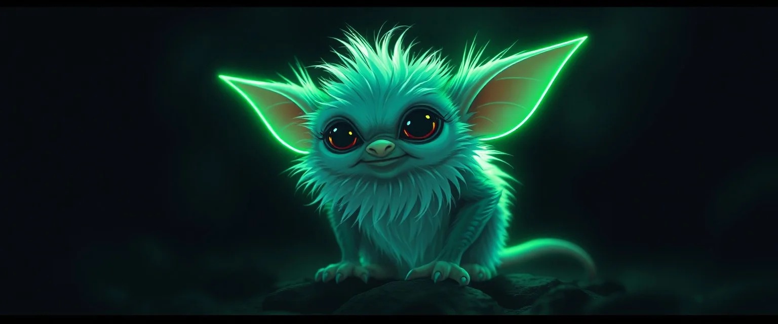 cute pen outline with some neon airbrush, glowing quickling gremlin in the shadows with long fluffy white fur, pin hole camera