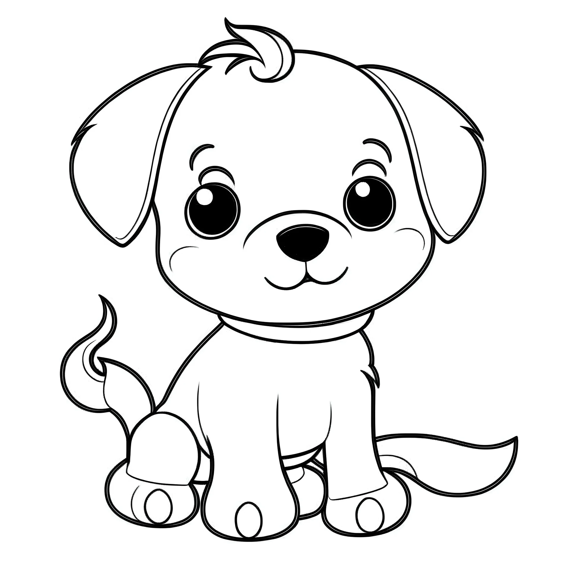 coloring page for kids age 2-5 years, girl-puppy ,cartoon style,thick lines, extremely low detail,no shading,no grey color, very simple art,only 2 legs, 2 arms and 1 tail ,white background, Centre aligned,size of art smaller than background size