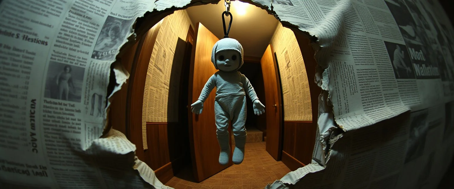 newspaper cut out, terror ghost doll barely hanging on, master oil painting by Escher and Giger, sodom in the style of Fallout 4, pinhole cam pic, dimensional door, tear in the fabric of reality