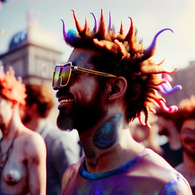 Ultra Realistic photo, medium shot view, drunken dancer naked man, carnival scene, monster hair, steampunk. Red hair, confeti, Sunglasses, smile, happy, festival, ovnis, gradient color fog. highly detailed, concept art, unreal engine 5, ray tracing, RTX, lumen lighting, ultra detail, volumetric lighting, 3d, finely drawn, high definition, high resolution.